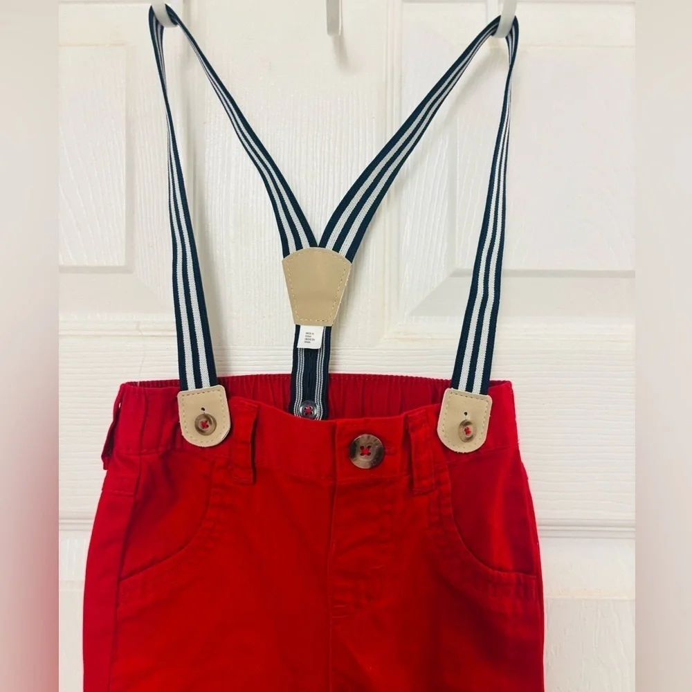 Cat & Jack Red Overalls with Gray Suspenders